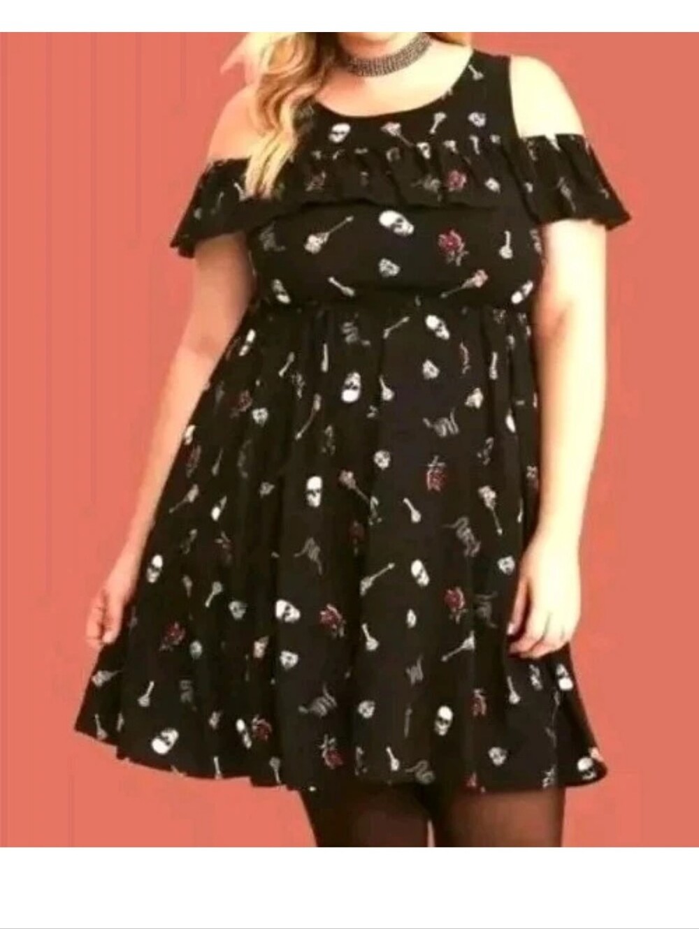 Torrid Skull Challis Dress Woman Plus 3X Black Floral Ruffled Cold Shoulder